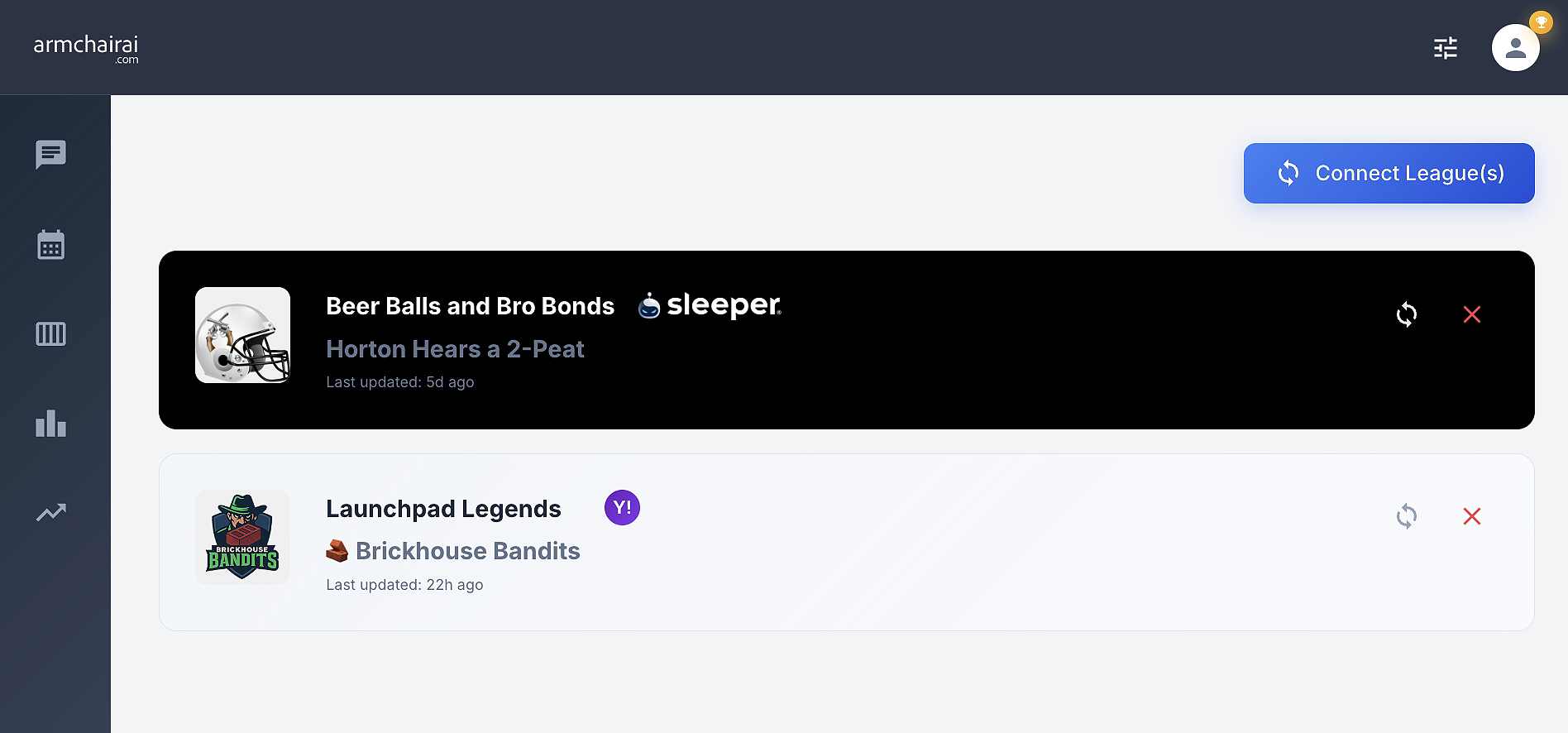 ArmchairAI league management interface showing connected fantasy football leagues from ESPN, Yahoo, and Sleeper platforms