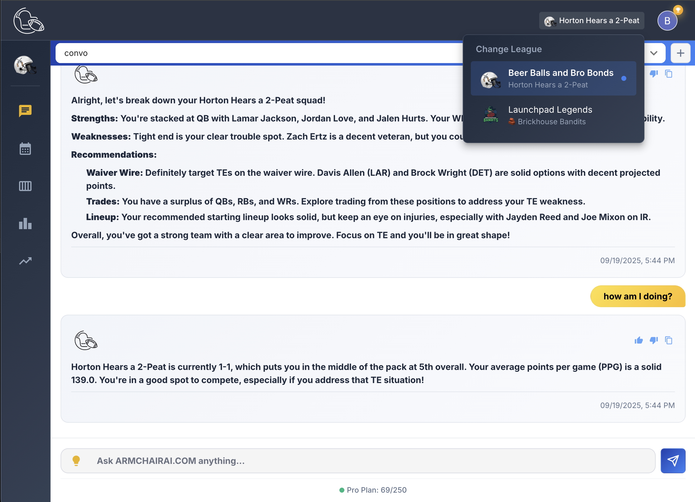 ArmchairAI AI assistant providing personalized fantasy football start/sit recommendations and lineup optimization advice