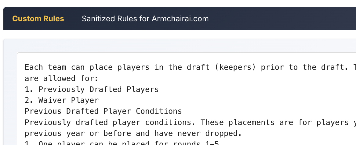 ArmchairAI custom guidance interface allowing users to add personalized fantasy football rules and preferences to their AI assistant